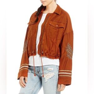 Free People Burnt‎ Orange Cropped Studded Military Jacket Sz. M